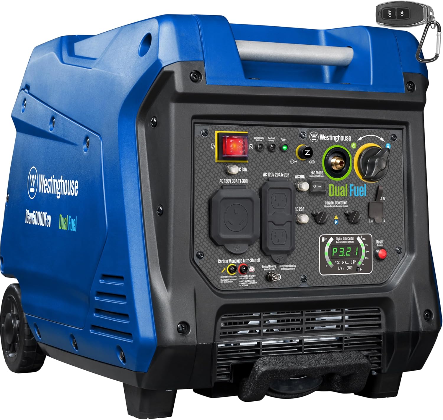 Westinghouse 5000 Peak Watt Super Quiet Dual Fuel Portable Inverter Generator, Wheel & Handle Kit, Gas & Propane Powered, RV Ready, CO Sensor, Parallel Capable