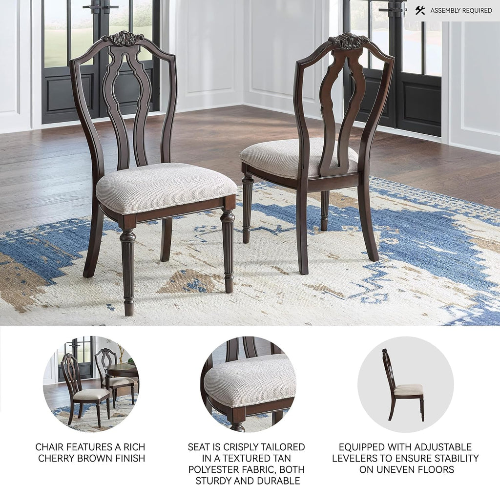 Signature Design by Ashley Traditional Upholstered Side Chairs, Dining Chairs Set of 2, Hardwood and Engineered Wood Frame with Cherry Brown Finish, Ideal for Formal Dining Rooms, Tan