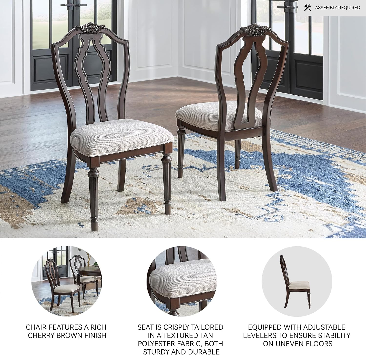 Signature Design by Ashley Traditional Upholstered Side Chairs, Dining Chairs Set of 2, Hardwood and Engineered Wood Frame with Cherry Brown Finish, Ideal for Formal Dining Rooms, Tan
