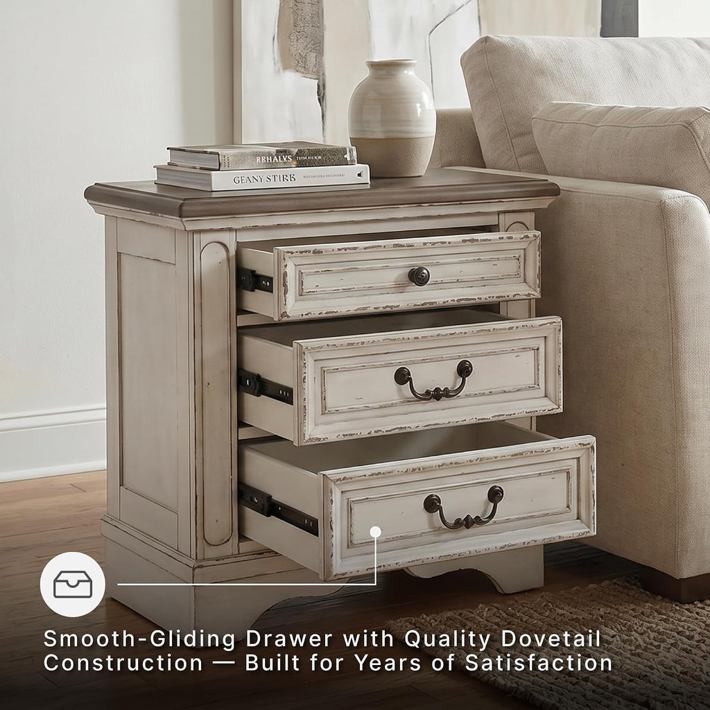 Signature Design by Ashley Realyn Nightstand with USB Charging Station, French Country 3 Drawer Bedside Table for Bedroom, Veneers, Wood and Engineered Wood, with Cast Resin Components, 27 Inches