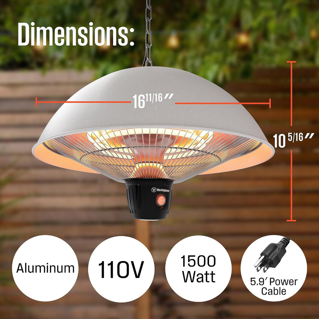 Westinghouse Outdoor Ceiling Patio Heater, Water Resistant, Adjustable Heat Output Up to 1500W, Auto Shut Off Overheat Protection, Hanging Infrared Heater for Patio Cover, Gazebo, & More - White