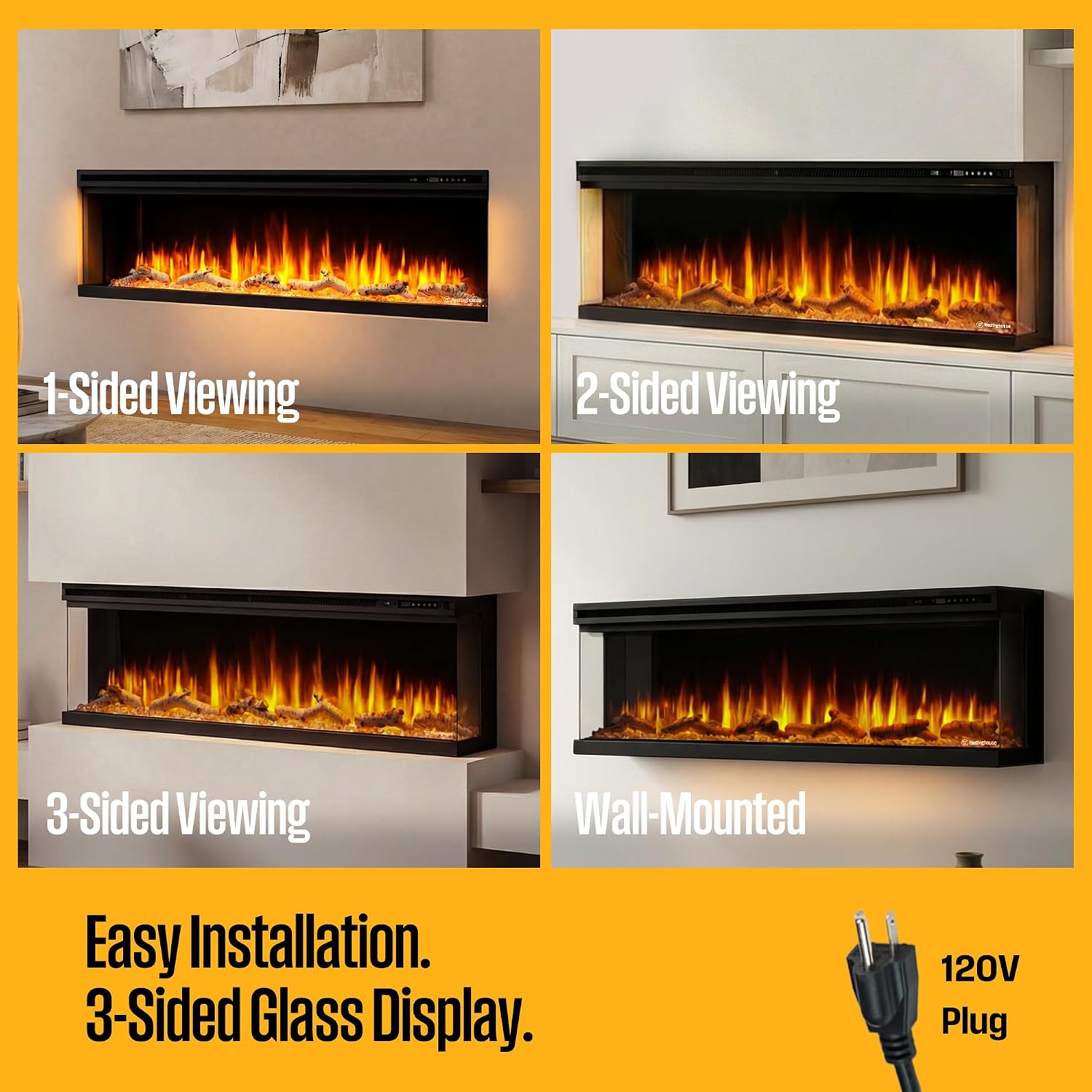 Westinghouse 60inch 3-Sided Electric Fireplace, Realistic Flame&Log Set, Compatible with Alexa & Google Home, Wall Mount or Recessed, 24 Hour Timer, Color Changing Flames, 750W/1500W Indoor Heater