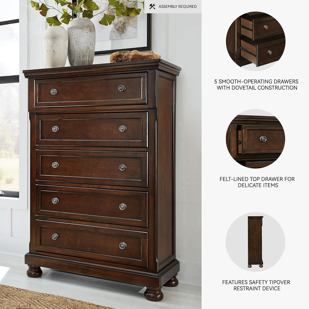 Signature Design by Ashley Porter Traditional 5 Drawer Chest of Drawers, Dark Brown