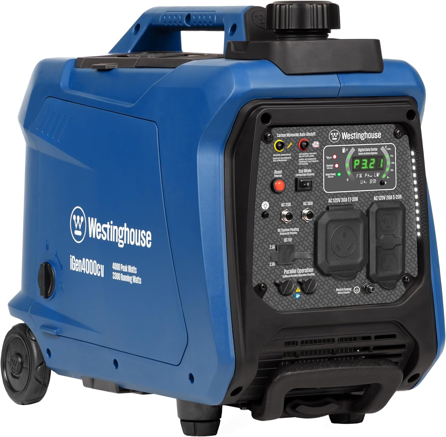 Westinghouse 4000 Peak Watt Super Quiet Portable Inverter Generator, Wheel & Handle Kit, RV Ready 30A Outlet, Gas Powered, CO Sensor, Parallel Capable