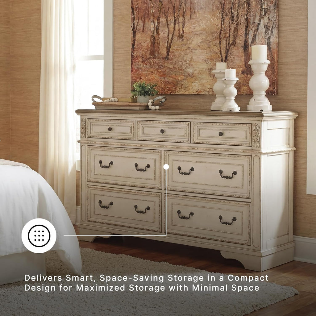 Signature Design by Ashley Realyn | French Country 7-Drawer Two-Tone Dresser – Fully Assembled, Decorative Corbels, Chipped White with Distressed Wood Top