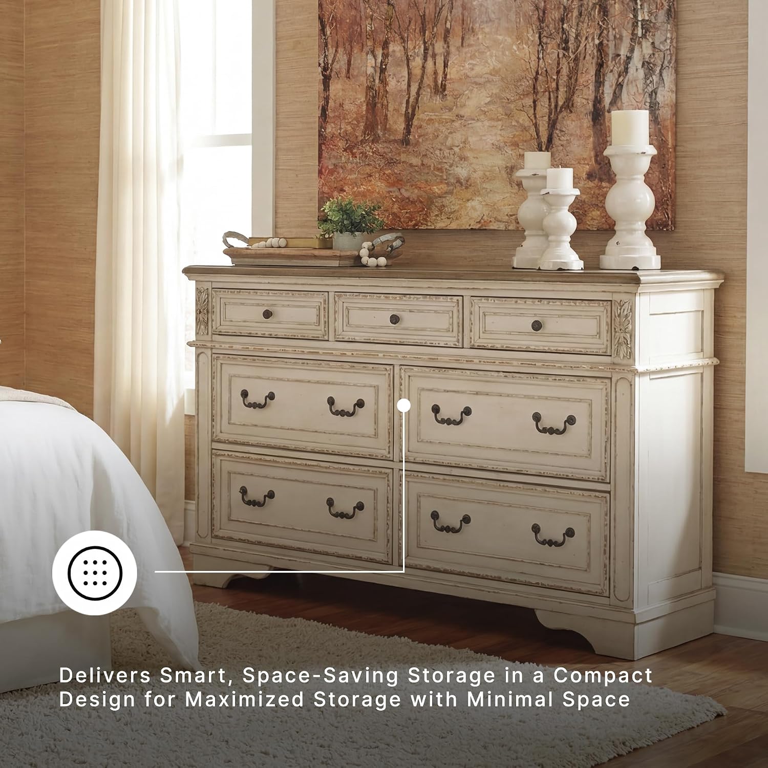 Signature Design by Ashley Realyn | French Country 7-Drawer Two-Tone Dresser – Fully Assembled, Decorative Corbels, Chipped White with Distressed Wood Top