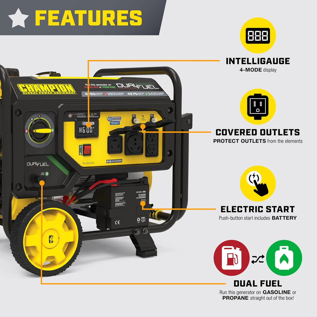 Champion Power Equipment 4750-Watt Electric Start Dual Fuel RV Ready Portable Generator with Free 3-Year Warranty, CARB Compliant