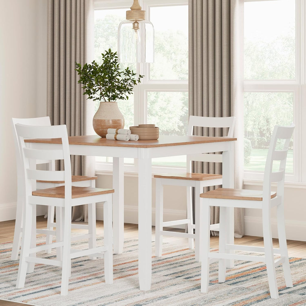Signature Design by Ashley Gesthaven Dining Table Set, Counter Height Table with 4 Bar Stools, Butcher Block Veneer Top, Two-Tone White/Natural Mango Finish