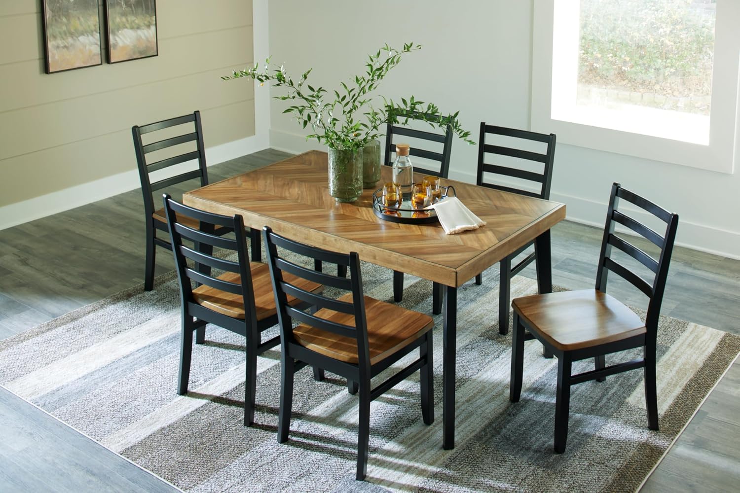 Signature Design by Ashley Blondon Rectangular Dining Room Table Set with 6 Chairs, Chevron Pattern, Tapered Legs, Seats 6, Wood, 60" Long, Brown & Black