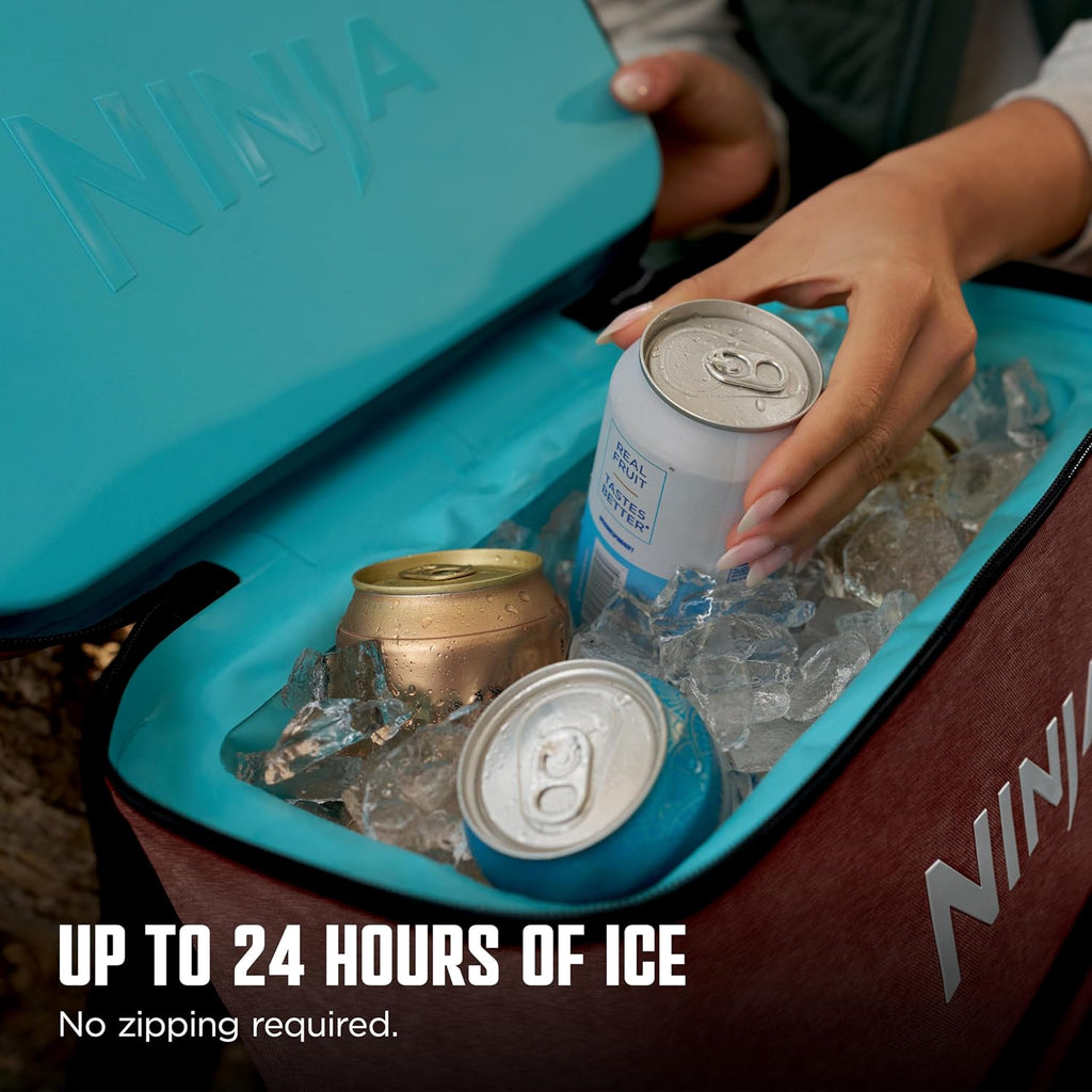 Ninja | Backpack Cooler | FrostVault Go 36 Can Soft Cooler | Leakproof Zipper with Built in Can Opener, 2 Ice Packs & Dry Storage Drawer | for Hiking, Camping & More | Canyon Red | FF136MR