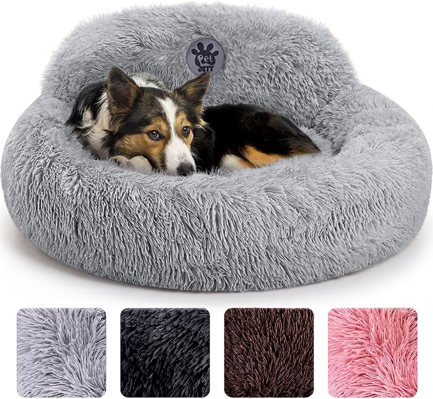 PetJett Calming Dog Bed Medium Size Dog - 30'' Donut Bed, Washable Dog Bed, Anti-Slip & Super Soft Fluffy Plush Round Dog Bed, Anti-Anxiety Premium Comfort Pet Bed, Fits Dogs Upto 45 lbs - Dark Grey