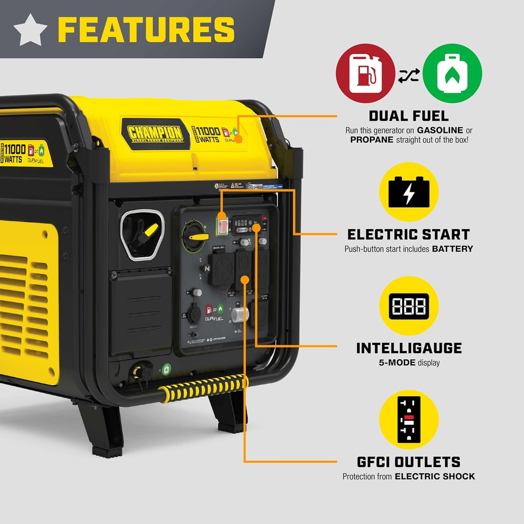 Champion Power Equipment 11,000-Watt Electric Start Dual Fuel Home Backup Portable Inverter Generator with Quiet Technology and Free 3-Year Warranty