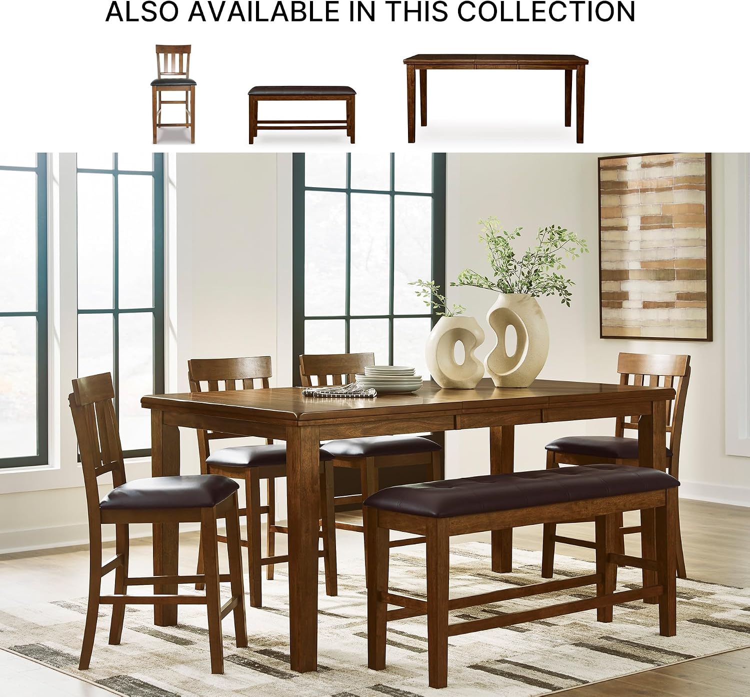 Signature Design by Ashley Ralene Classic Tufted Faux Leather Upholstered Counter Height Dining Bench with Distressed Finish, Dark Brown