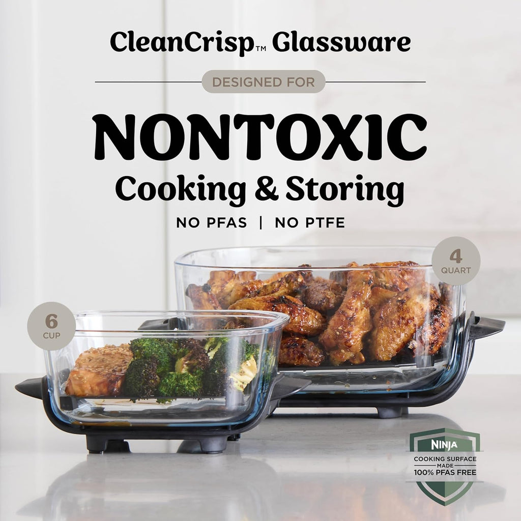 Ninja Crispi 4 in 1 Glass Air Fryer, 450°F, Non Toxic, 4QT and 6 Cup Containers with Lids, Dishwasher Safe, Stone, 1 Count, FN101ST