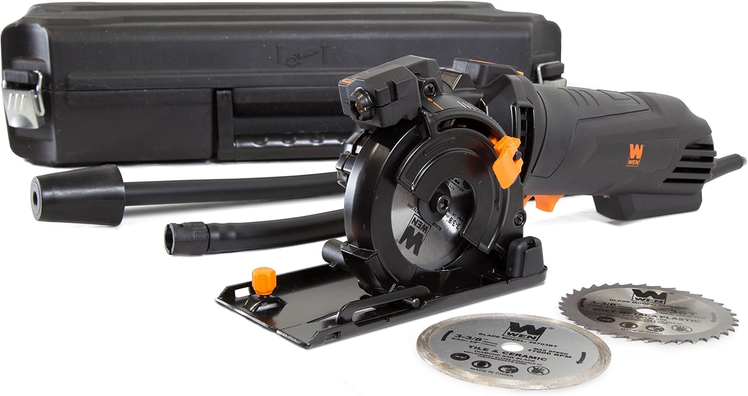 WEN 4.2-Amp 3-3/8-Inch Plunge Cut Compact Circular Saw with Laser, Carrying Case, and Three Blades (36704)