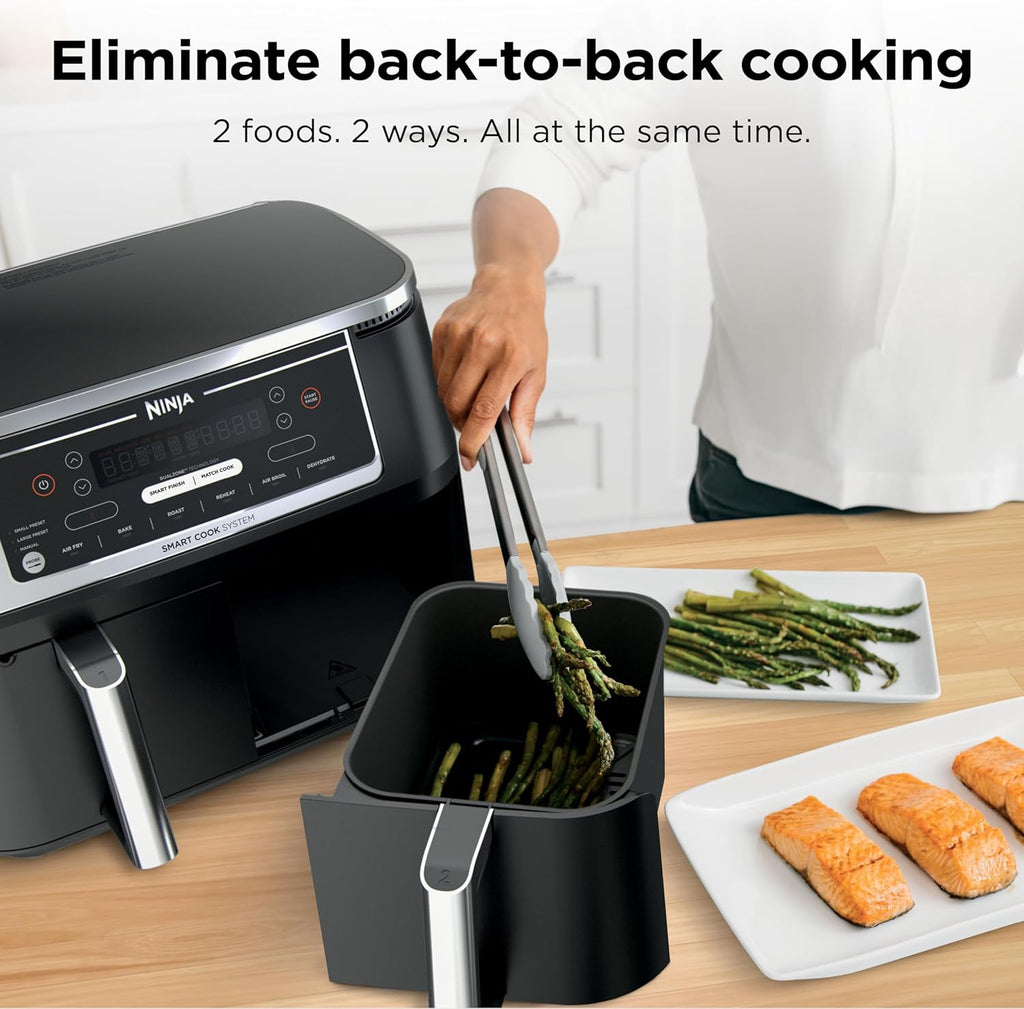 Ninja DZ550 Foodi 10 Quart 6-in-1 DualZone Smart XL Air Fryer with 2 Independent Baskets, Smart Cook Thermometer for Perfect Doneness, Match Cook and Smart Finish to Roast, Dehydrate and More, Black