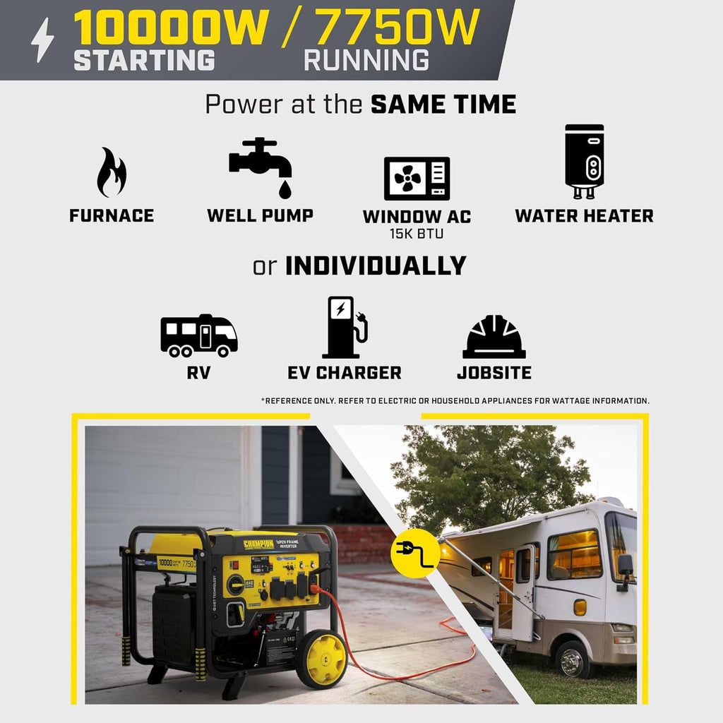 Champion Power Equipment 10,000-Watt Electric Start Home Backup Portable Open Frame Inverter Generator with Quiet Technology and Free 3-Year Warranty
