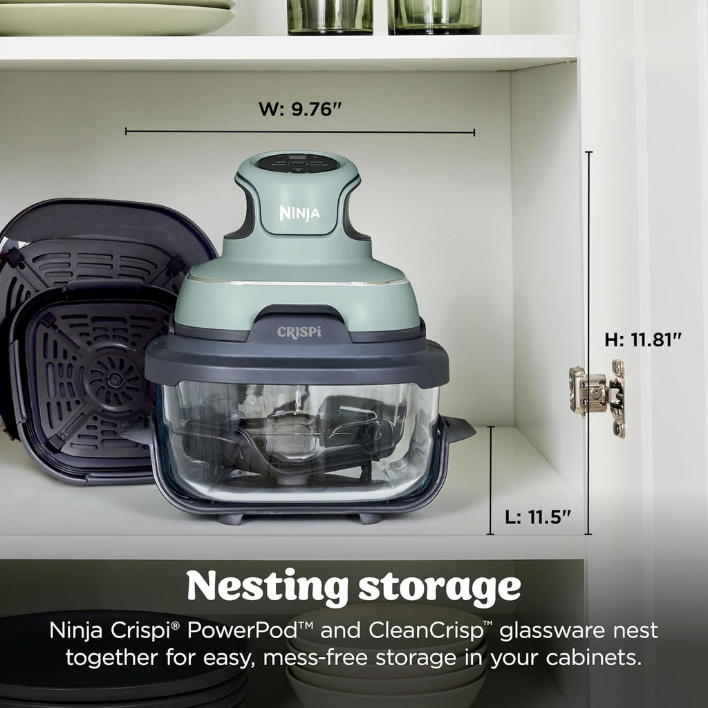 Ninja Crispi 4-in-1 Glass Air Fryer | With Non-Toxic 4QT & 6-Cup Glass Containers & Lids | Microwave, Freezer, Dishwasher Safe | 450°F Max Temp |1500 Watt | Green | FN101SG