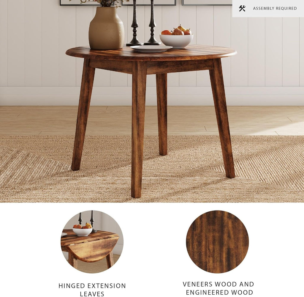 Signature Design by Ashley Berringer Dining Room Round Drop Leaf Table, Rustic Design, Seats 4, Hinged Extension Leaves, Small Space Solution, 42" W x 42" D x 30.63" H, Rustic Brown