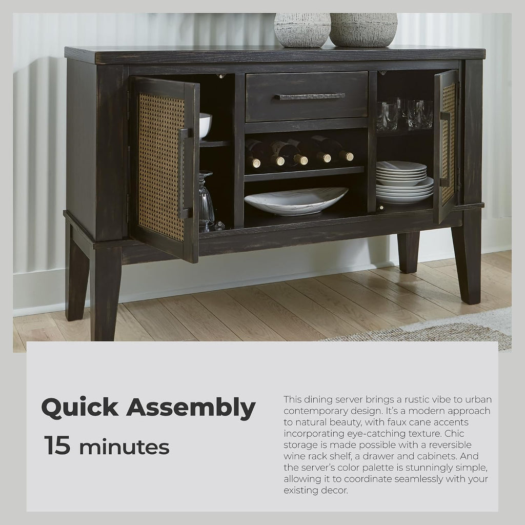 Signature Design by Ashley Galliden Urban 2-Door Dining Server with Reversible Wine Rack Shelf, Adjustable Shelves and Felt-Lined Drawer, Black & Light Brown