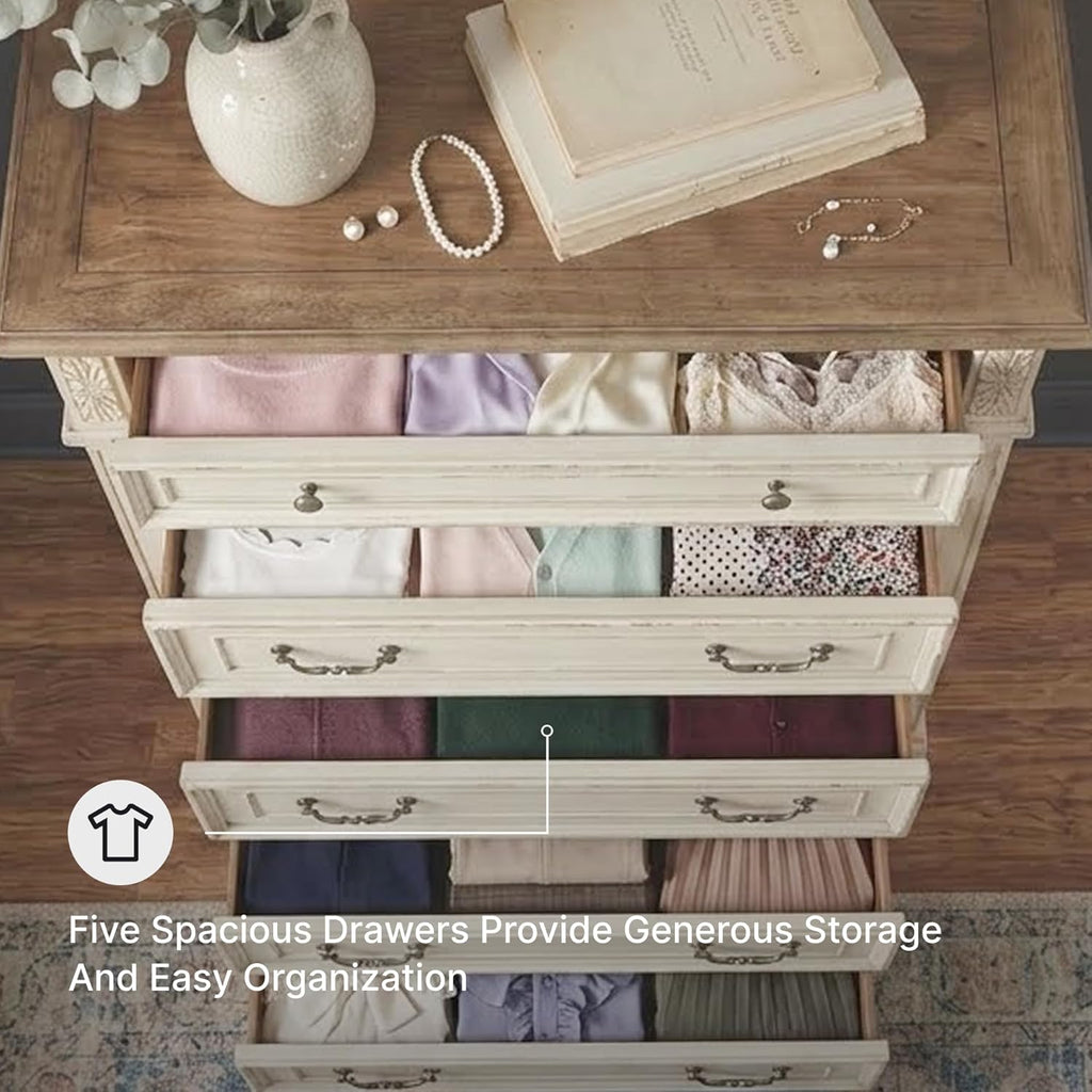 Signature Design by Ashley Realyn French Country 5 Drawer Chest, Tipover Restraint Device, 2-tone Finish, Wood, 40.13" W x 18.13" D x 58.13" H, Chipped White