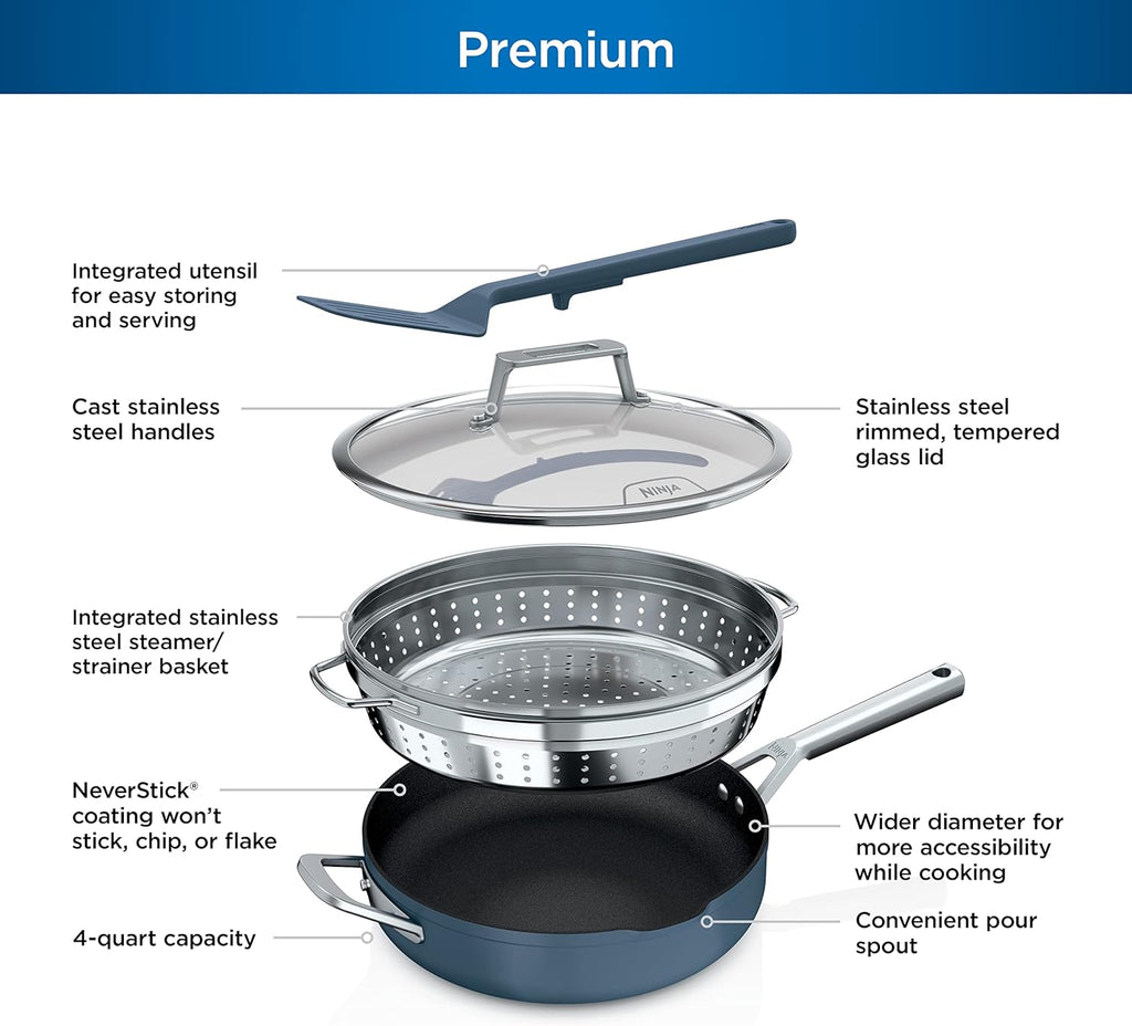 Ninja, Cookware, Steamer, Strainer Basket, Glass Lid and Spatula, Foodi NeverStick PossiblePan, Premium Set with 4-Quart Capacity Pan, Nonstick, Durable, Oven Safe Cookware, Cherry Tart, CW102BL