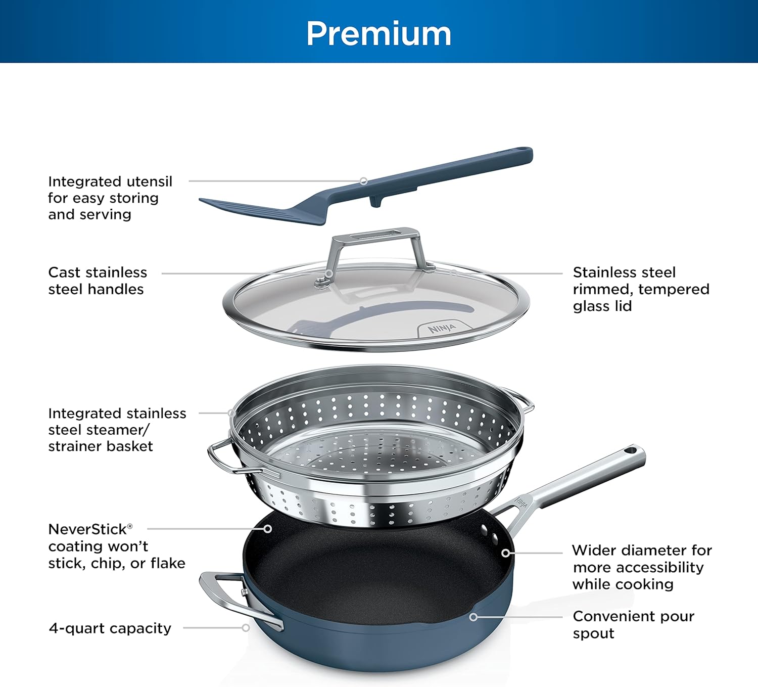 Ninja, Cookware, Steamer, Strainer Basket, Glass Lid and Spatula, Foodi NeverStick PossiblePan, Premium Set with 4-Quart Capacity Pan, Nonstick, Durable, Oven Safe Cookware, Cherry Tart, CW102BL