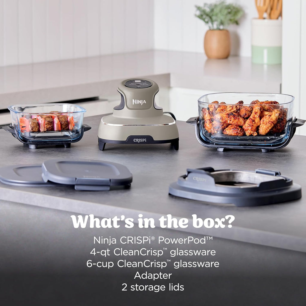 Ninja Crispi 4 in 1 Glass Air Fryer, 450°F, Non Toxic, 4QT and 6 Cup Containers with Lids, Dishwasher Safe, Stone, 1 Count, FN101ST