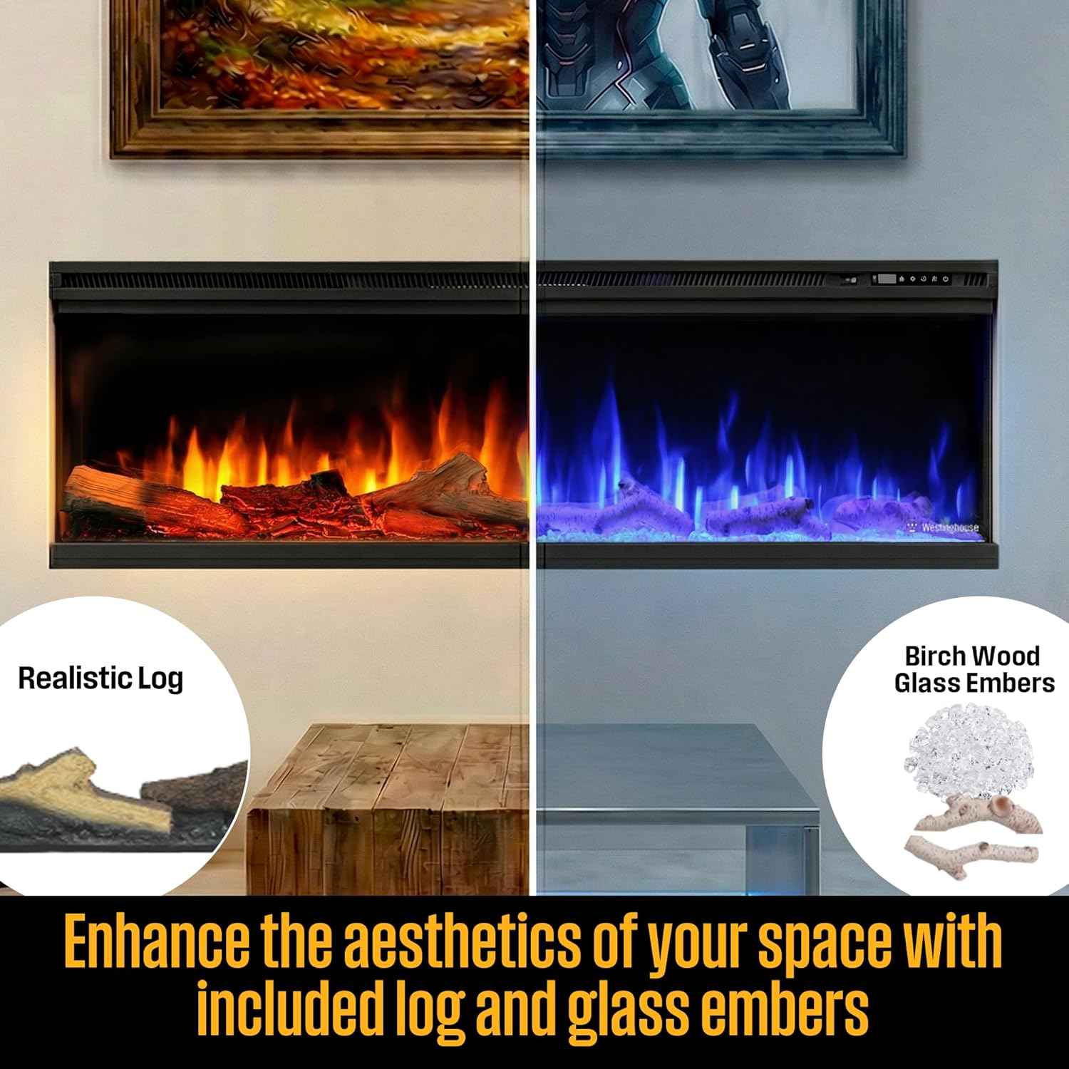 Westinghouse 50inch 3-Sided Electric Fireplace, Realistic Flame&Log Set, Compatible with Alexa & Google Home, Wall Mount or Recessed, 24 Hour Timer, Color Changing Flames, 750W/1500W Indoor Heater