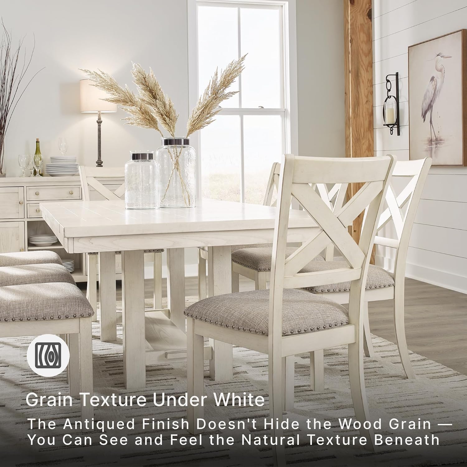 Signature Design by Ashley Robbinsdale Casual Removable Center Leaf Dining Extension Table with Trestle Base, Wood, Ash Veneer, Tabletop with Planked Effect, 2 Removable Center Leaves, Seats 8, White