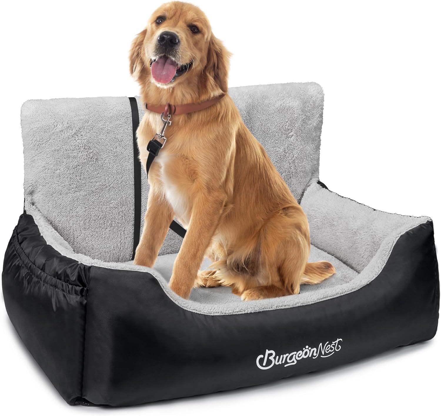 BurgeonNest Dog Car Seat for Small Dogs, Soft Pet Car Travel Home Bed Under 25 lbs, Fully Detachable and Washable Cat Booster Carseats with Storage Pockets and Clip-On Leash Portable Carrier,Black