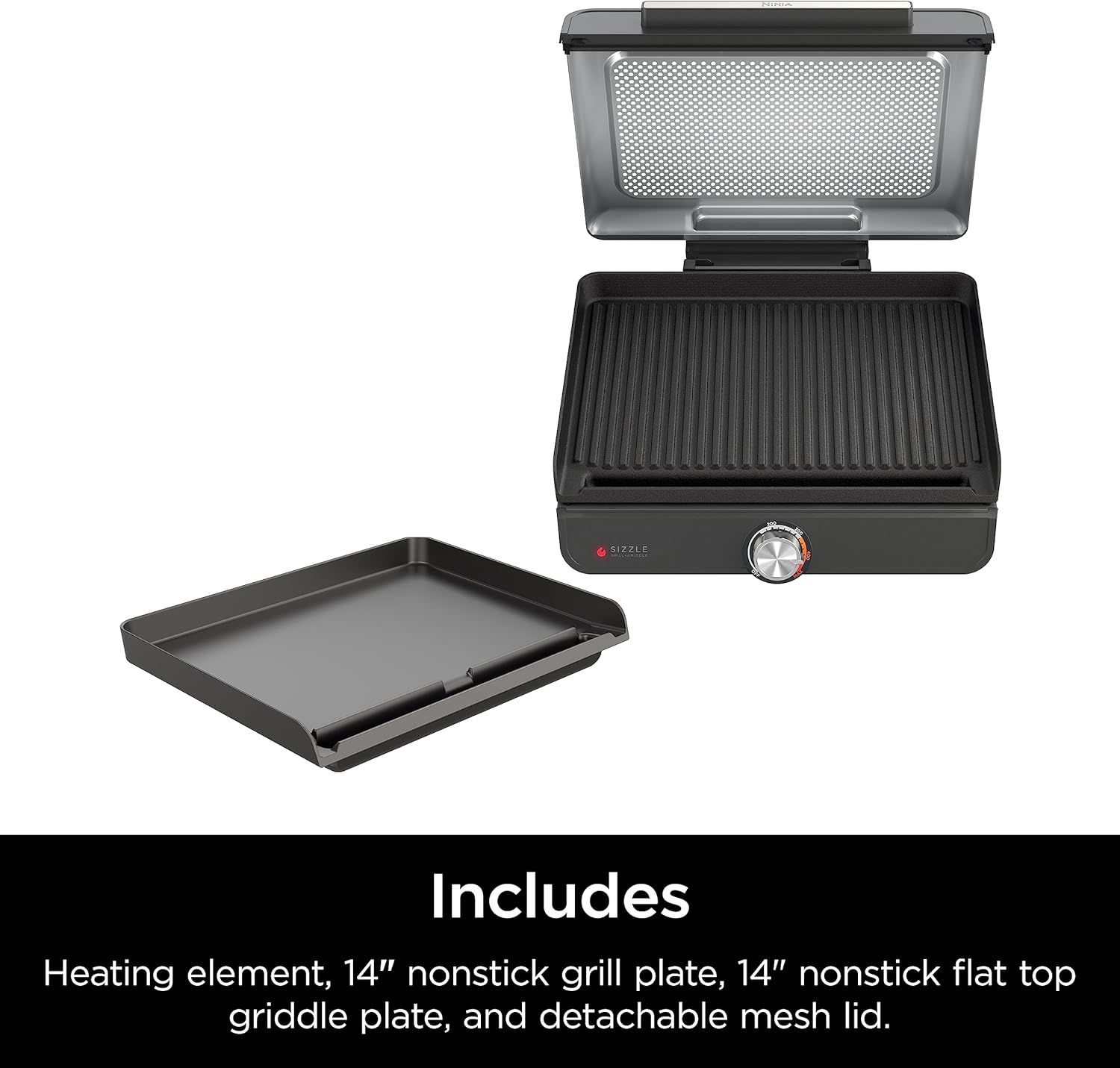 Ninja GR101 Sizzle Smokeless Indoor Grill & Griddle, 14′′ Interchangeable Nonstick Plates, Dishwasher-Safe Removable Mesh Lid, 500F Max Heat, Even Edge-to-Edge Cooking, Grey/Silver (Renewed)