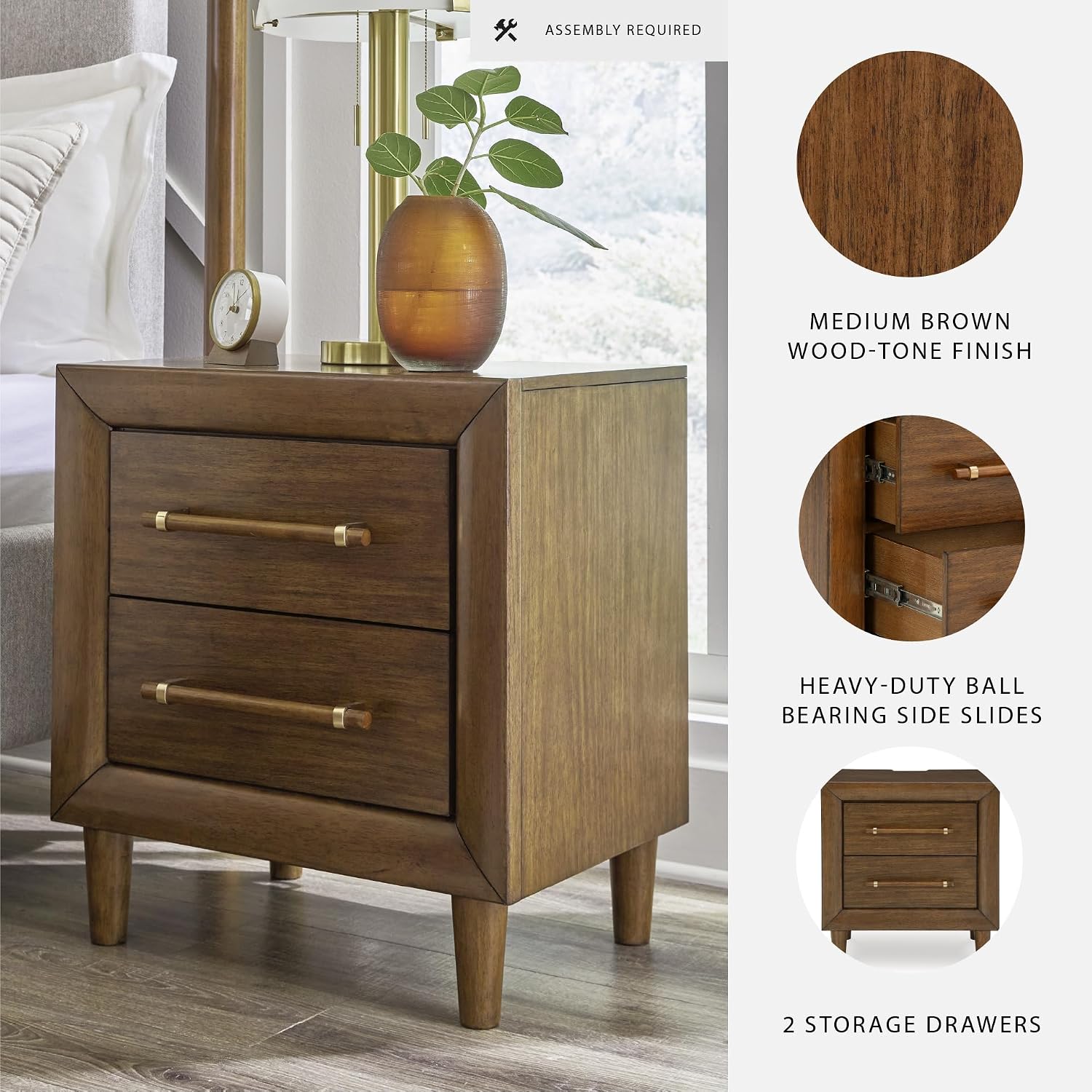 Signature Design by Ashley Lyncott 2 Drawer Nightstand, Power Supply, USB-A and USB-C Ports, Hardwood Solids, 24.63" W x 17" D x 26.88" H, Medium Brown