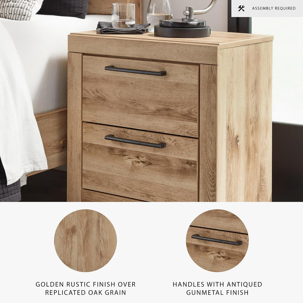 Signature Design by Ashley Hyanna Rustic Contemporary 2 Drawer Nightstand with 2 USB Charging Ports, Wood, 24.37" High, Light Golden Brown Finish