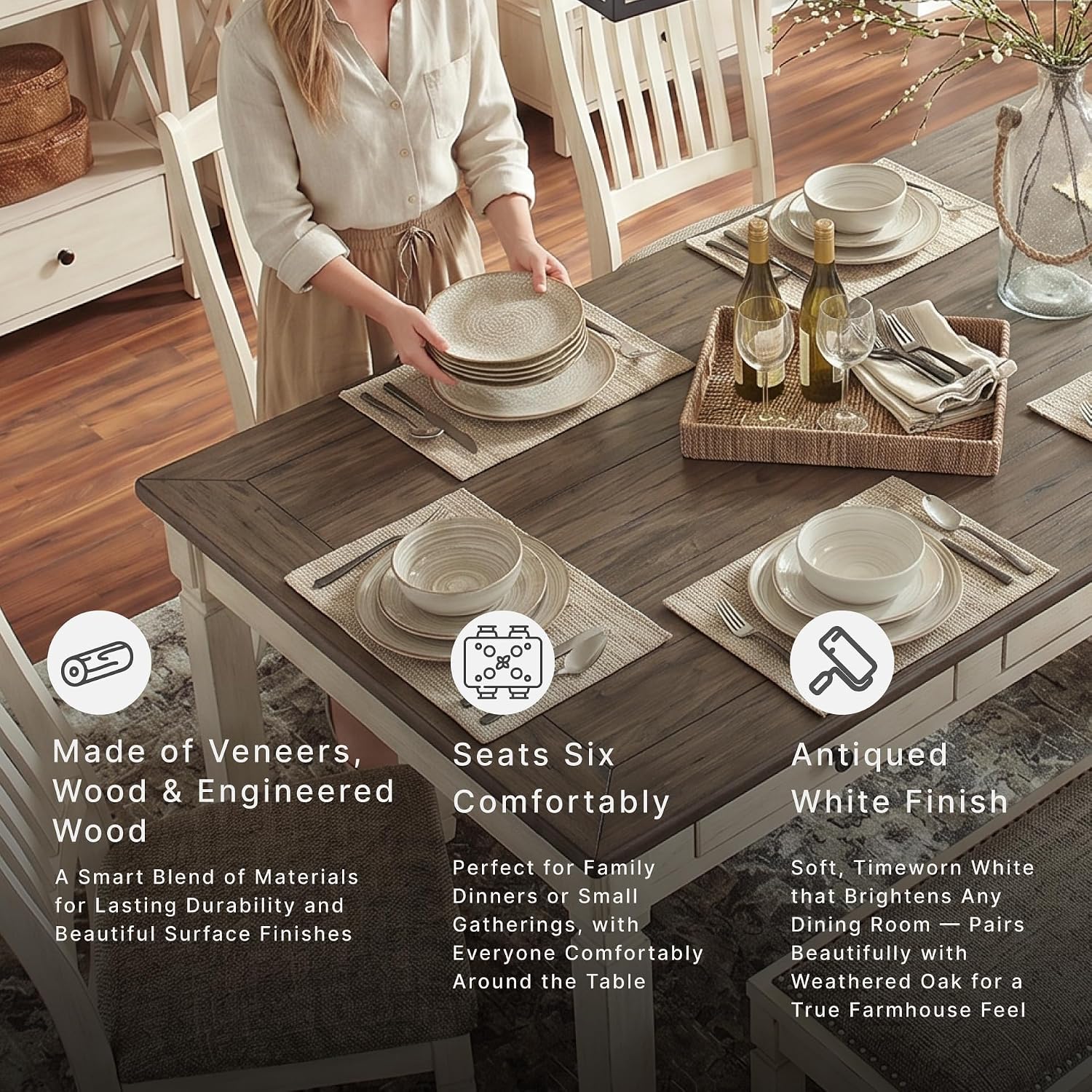 Signature Design by Ashley Bolanburg Dining Table, 2-Tone Farmhouse Style With 6 Built-In Storage Drawers, Wood & Engineered Wood Construction, Seats Up To 6, White/Brown