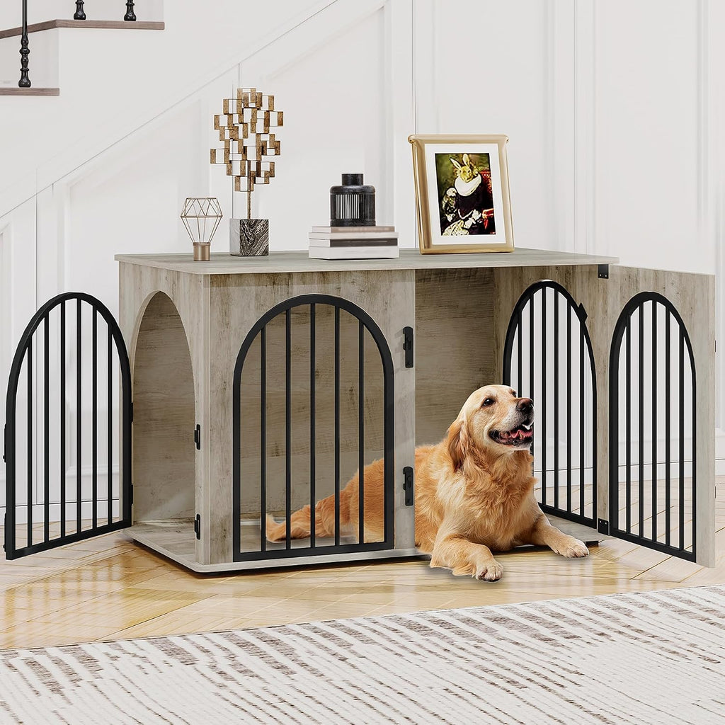 Hzuaneri 31.5'' Wooden Dog Crate Furniture, Indoor Dog Kennel Dogs Cage for Small/Medium Dogs, Heavy Duty Dog Crates Decorative Pet House End Side Table TV Stand, White Brown DFC85114B