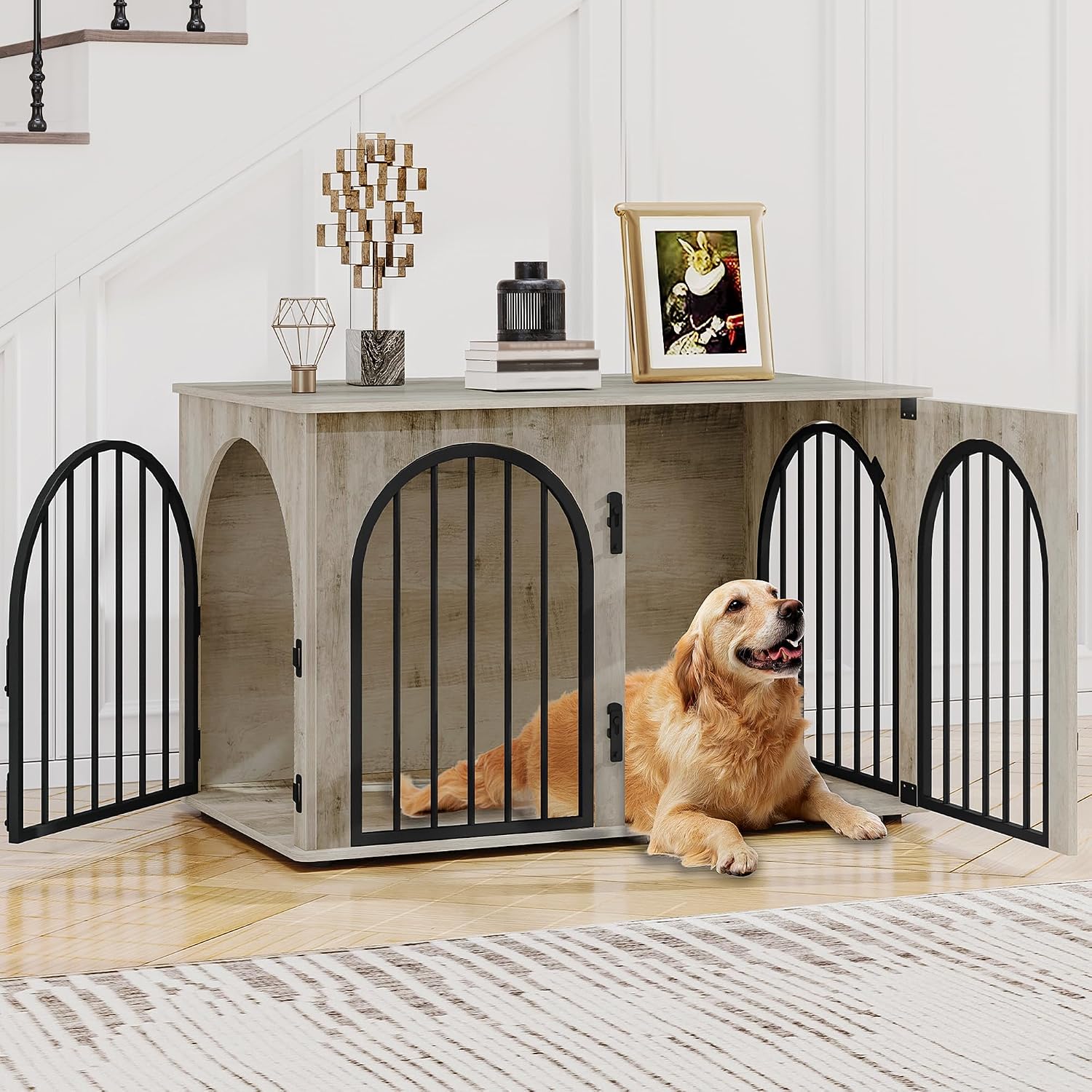 Hzuaneri 31.5'' Wooden Dog Crate Furniture, Indoor Dog Kennel Dogs Cage for Small/Medium Dogs, Heavy Duty Dog Crates Decorative Pet House End Side Table TV Stand, White Brown DFC85114B