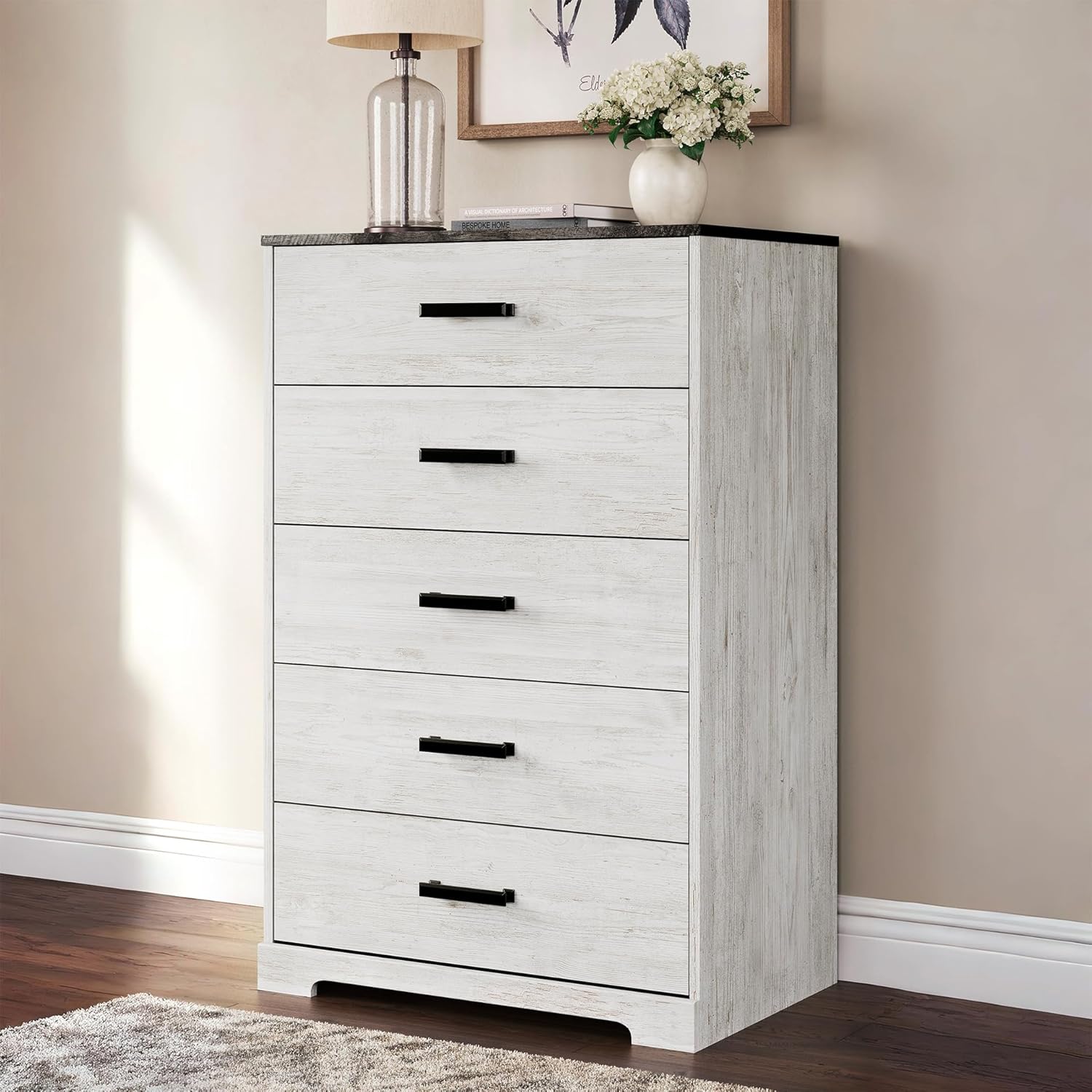 Signature Design by Ashley Shawburn Rustic 5 Drawer Chest of Smooth-Gliding Drawers and Safety Stop, White & Gray