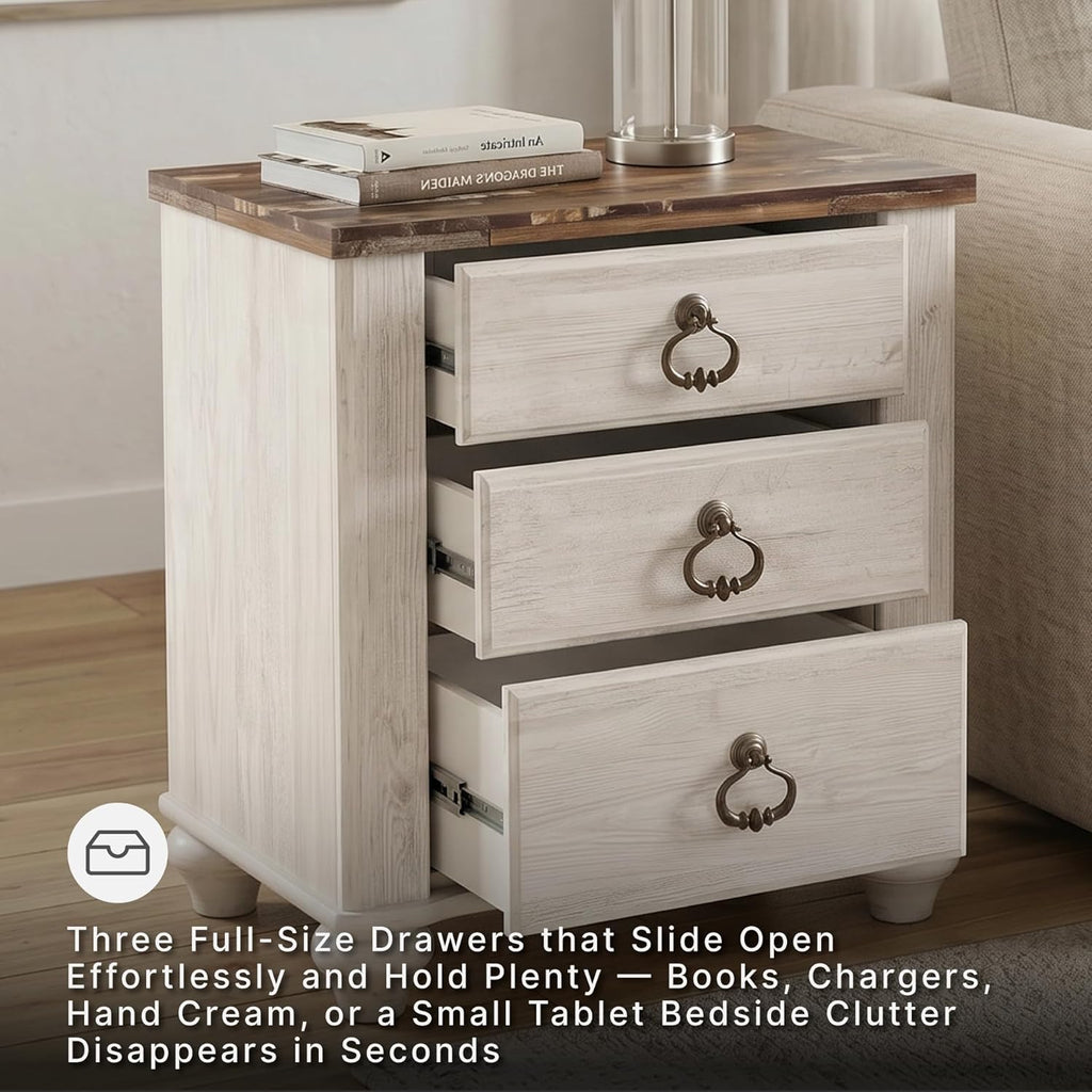 Signature Design by Ashley Willowton Farmhouse 2 Drawer Nightstand with USB Charging Ports, 25.67" Tall, Whitewash