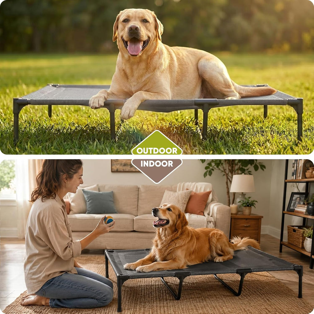 suddus Elevated Dog Bed for Large Dogs 120lb, Breathable Cooling Raised Dog Cot with Dual Support Bars & Metal Frame, No-Slip Feet, Waterproof Pet Bed for Indoor/Outdoor, X-Large, 48 * 36 * 9in, Grey