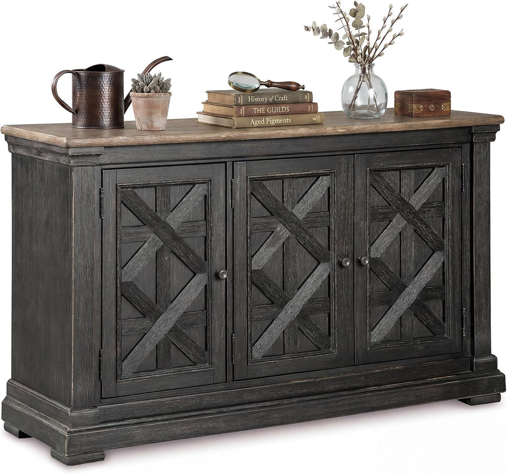Signature Design by Ashley Tyler Creek Vintage Casual Dining Room Buffet Cabinet or Server with 3 Doors and Lattice Design, Wood, 36" High, Black & Gray
