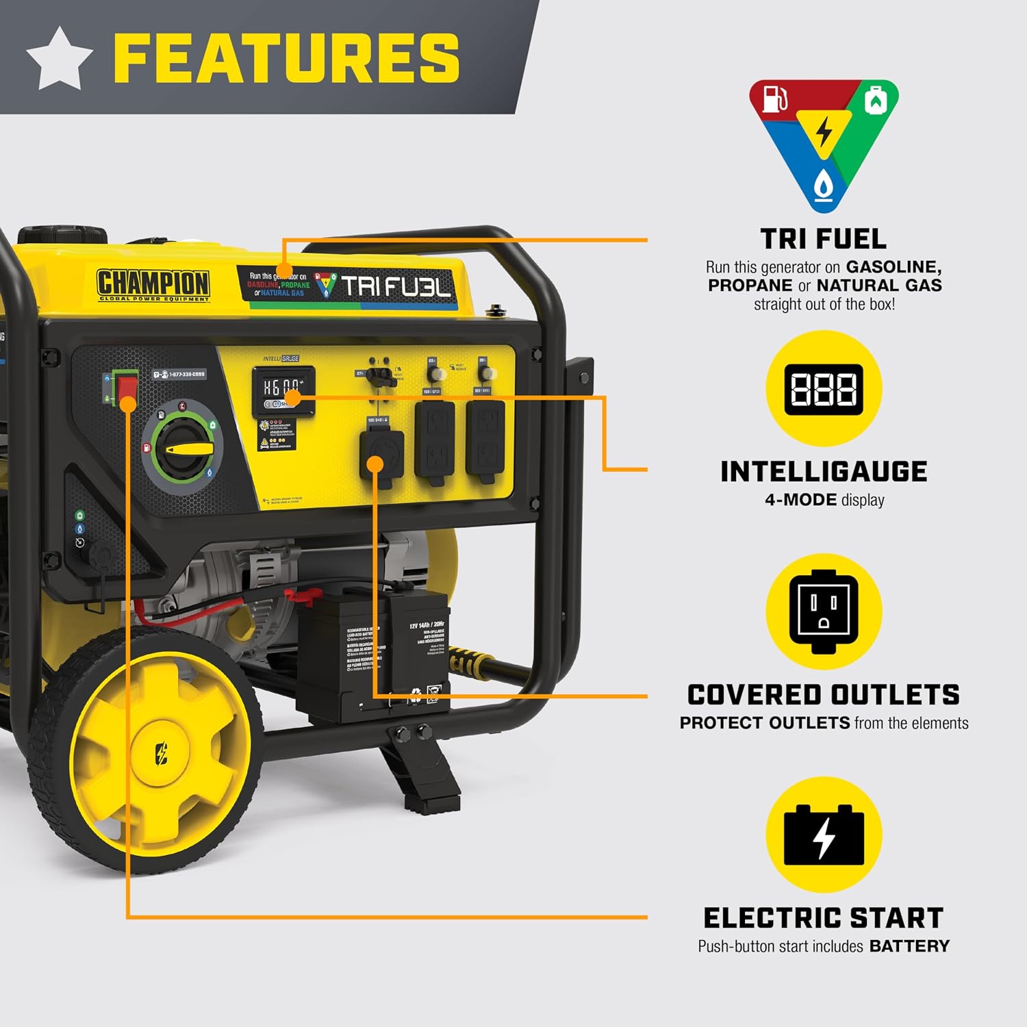 Champion Power Equipment 8125-Watt Electric Start Tri-Fuel Portable Generator with Free 3-Year Warranty