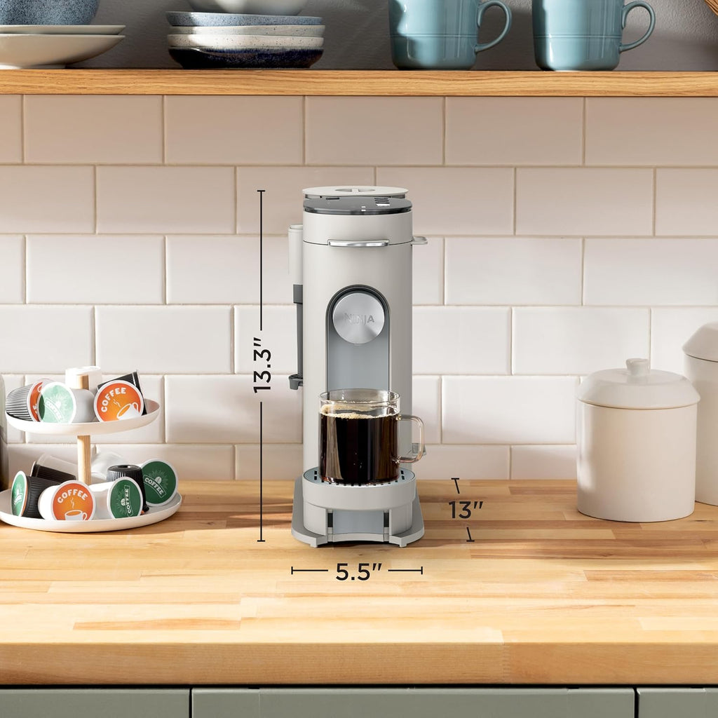 Ninja Pod and Grounds Specialty Single Serve Coffee Maker, K-Cup Pod Compatible, Brews, Compact Design, Built-in Milk Frother, 56 Ounces Reservoir, 6 Ounces Cup to 24 Ounces Mug Sizes, Stone, PB051ST
