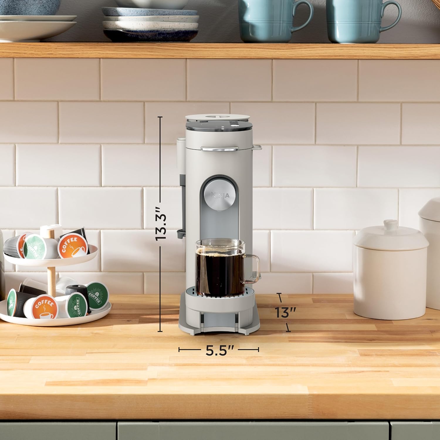Ninja Pod and Grounds Specialty Single Serve Coffee Maker, K-Cup Pod Compatible, Brews, Compact Design, Built-in Milk Frother, 56 Ounces Reservoir, 6 Ounces Cup to 24 Ounces Mug Sizes, Stone, PB051ST