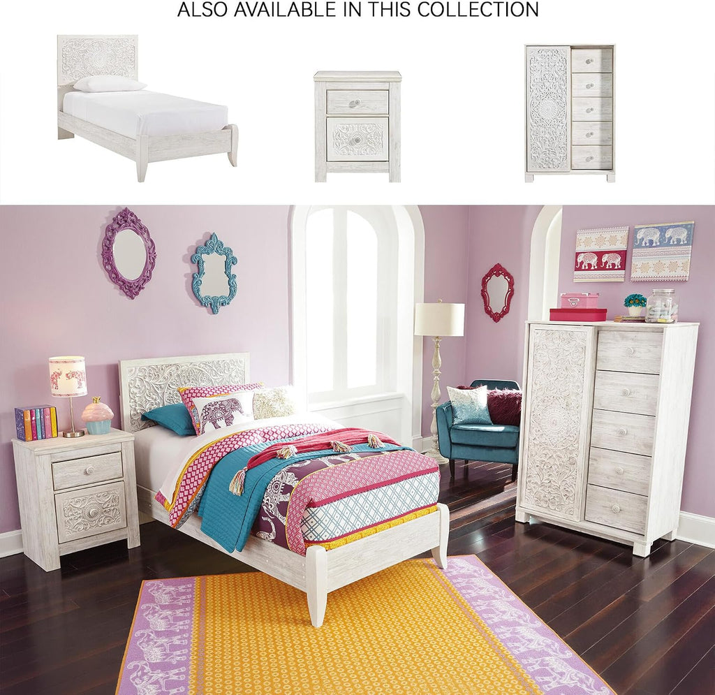 Signature Design by Ashley Paxberry Boho 2 Drawer Nightstand with 2 Slim-Profile USB Charging Ports, 29.21" Tall, Whitewash
