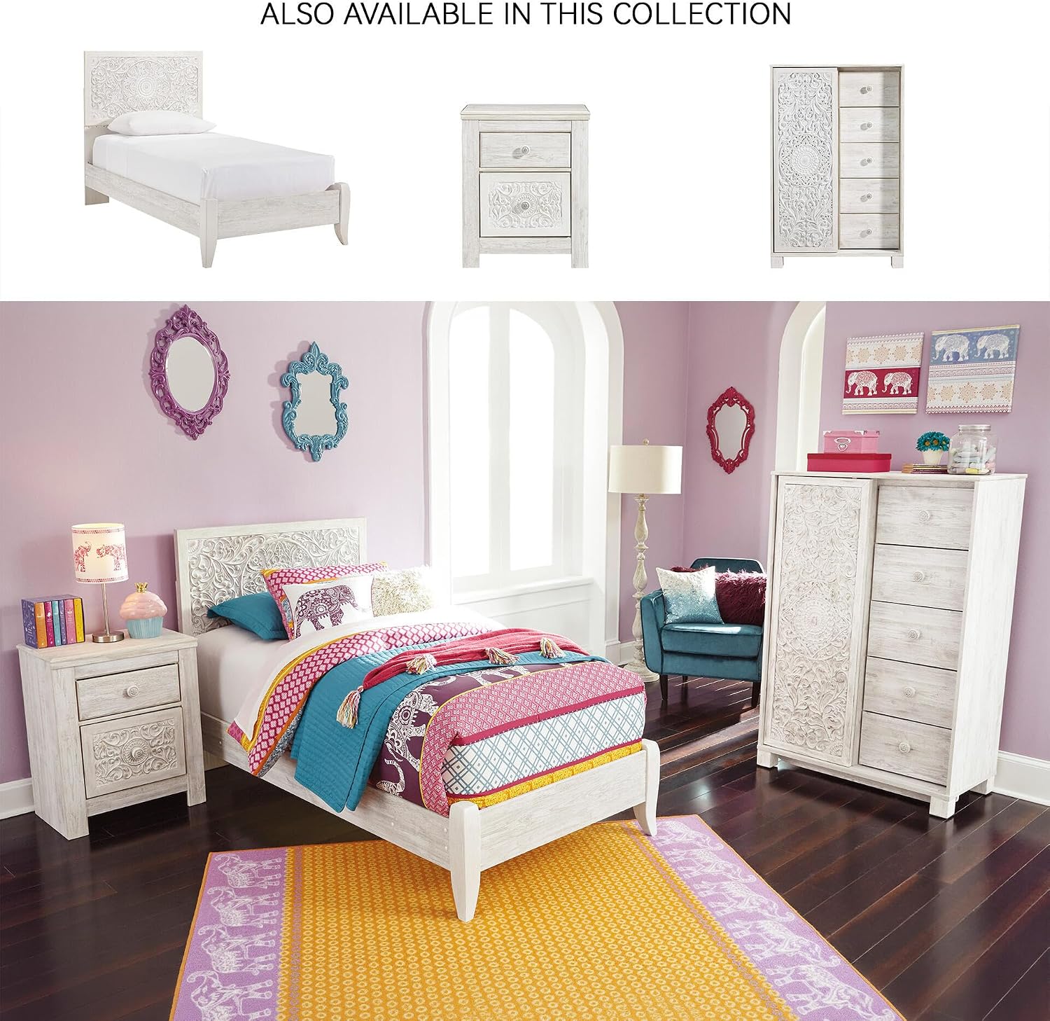 Signature Design by Ashley Paxberry Boho 2 Drawer Nightstand with 2 Slim-Profile USB Charging Ports, 29.21" Tall, Whitewash