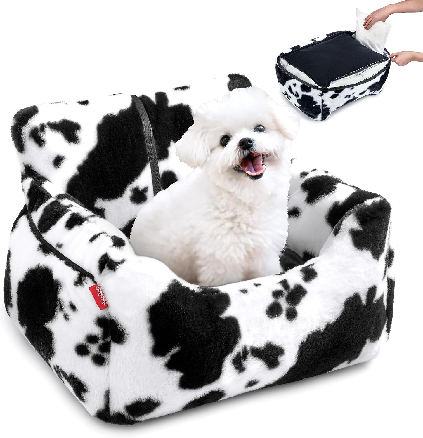 BurgeonNest Dog Car Seat for Small Dogs, Soft Pet Car Travel Home Bed Under 25 lbs, Fully Detachable and Washable Cat Booster Carseats with Storage Pockets and Clip-On Leash Portable Carrier,Black