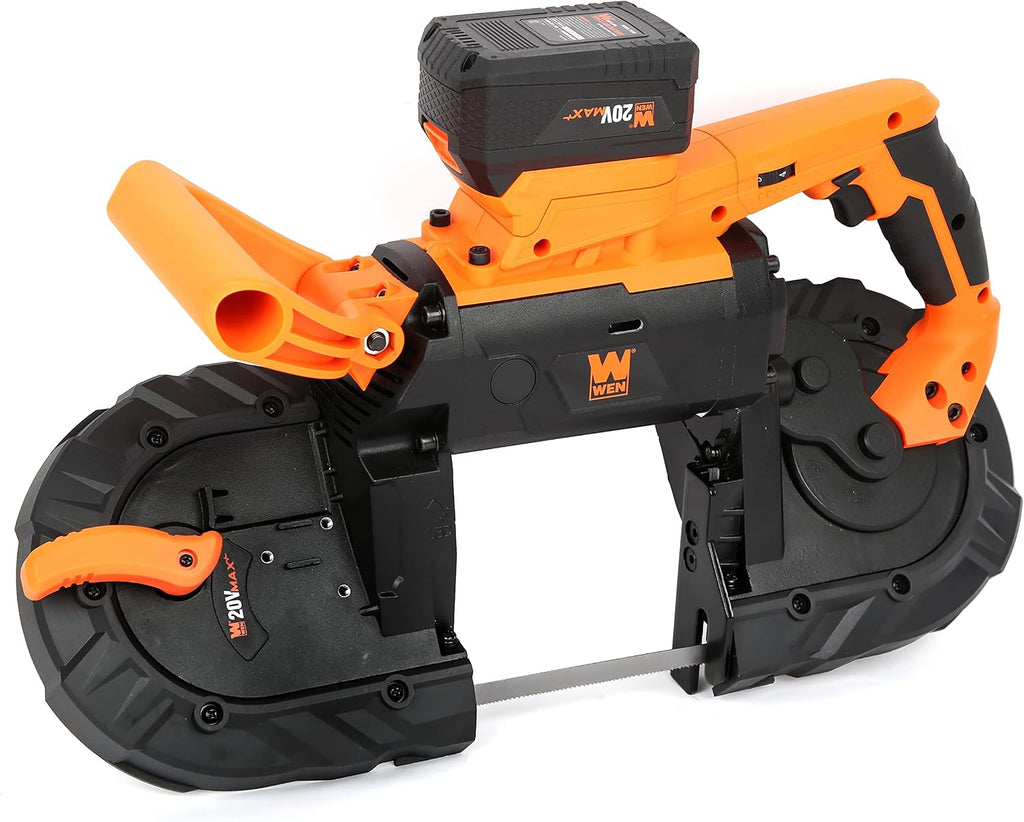WEN Cordless Portable Bandsaw for Metal with Variable Speed, 20V Max 5.0 Ah Lithium-Ion Battery, and Charger (20496)
