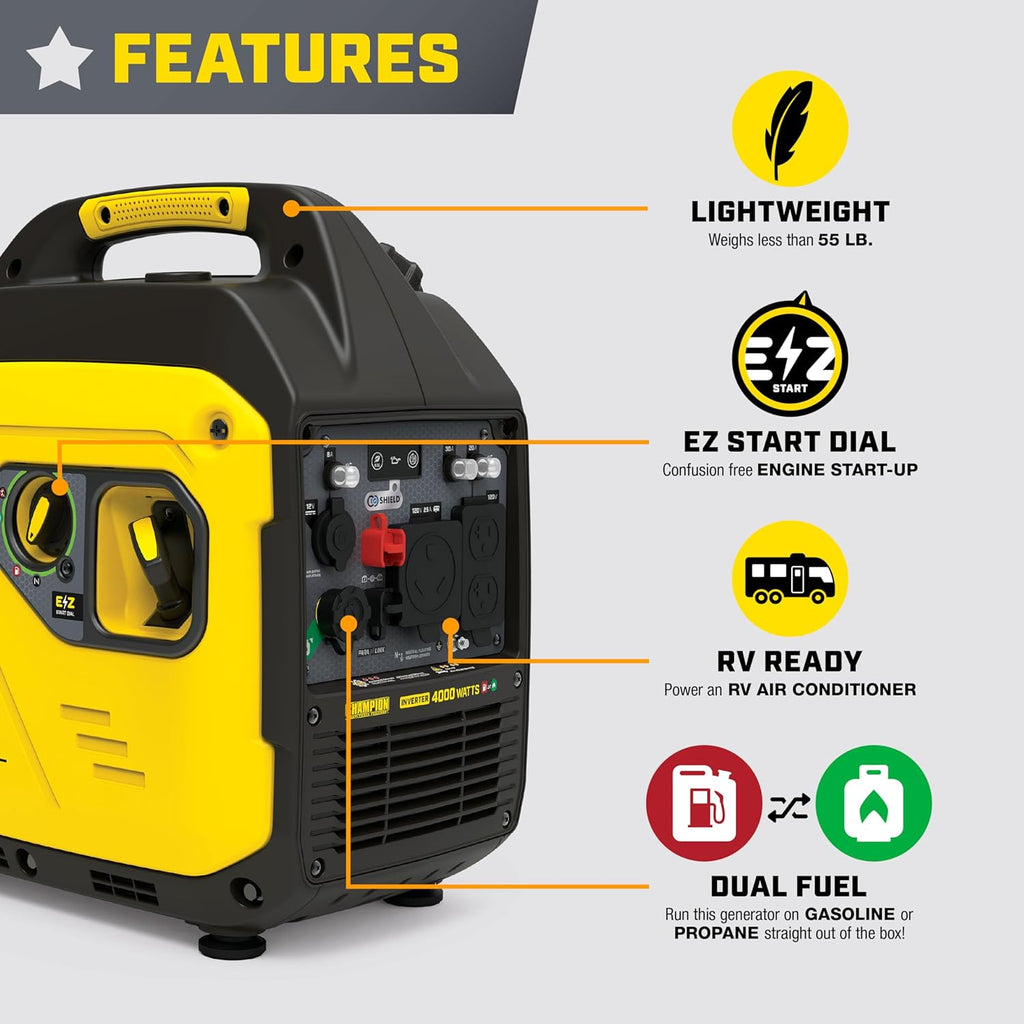Champion Power Equipment 4000-Watt Dual Fuel RV Ready Portable Inverter Generator with Quiet Technology and Free 3-Year Warranty