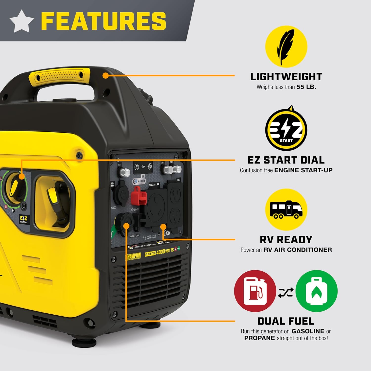 Champion Power Equipment 4000-Watt Dual Fuel RV Ready Portable Inverter Generator with Quiet Technology and Free 3-Year Warranty